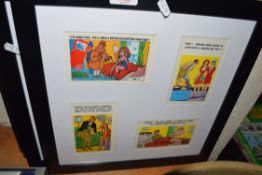 QTY OF VARIOUS FRAMED COMICAL POSTCARDS, MOTOR ADVERTISING PRINT, MOTORCYCLE ADVERTISING PICTURES