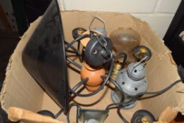 BOX OF ELECTRIC LAMPS TO INCLUDE CEILING LIGHT FITTING, CANDLE LANTERNS