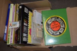 BOX OF MIXED BOOKS AIRCRAFT INTEREST PLUS STAMP ALBUM AND A PACKET OF BROOKE BOND TEA CARDS