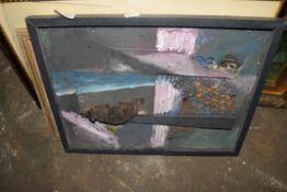 MIXED LOT OF PICTURES TO INCLUDE AN ABSTRACT MIXED MEDIA STUDY WITH METAL AND WIRE TOGETHER WITH