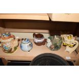 MIXED LOT VARIOUS DECORATED TEA POTS AND CAT ORNAMENTS ETC