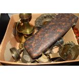 BOX OF SILVER PLATED WARES, BRASS EWER, CASED CARVING SET ETC