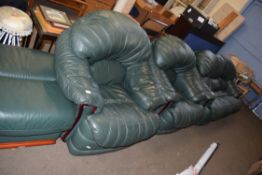 GREEN LEATHER UPHOLSTERED THREE PIECE SUITE AND FOOTSTOOL