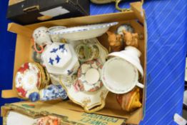 BOX OF MIXED CHINA WARES TO INCLUDE COALPORT, SAUCERS, CROWN DUCAL ORANGE TREE SAUCERS ETC