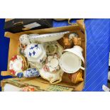 BOX OF MIXED CHINA WARES TO INCLUDE COALPORT, SAUCERS, CROWN DUCAL ORANGE TREE SAUCERS ETC