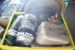 BOX CONTAINING PROJECTOR, BRASS PLATE, TINNED JIGSAWS ETC