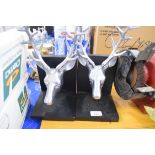 PAIR OF BOOK ENDS WITH ALUMINIUM DEER HEAD MOUNTS