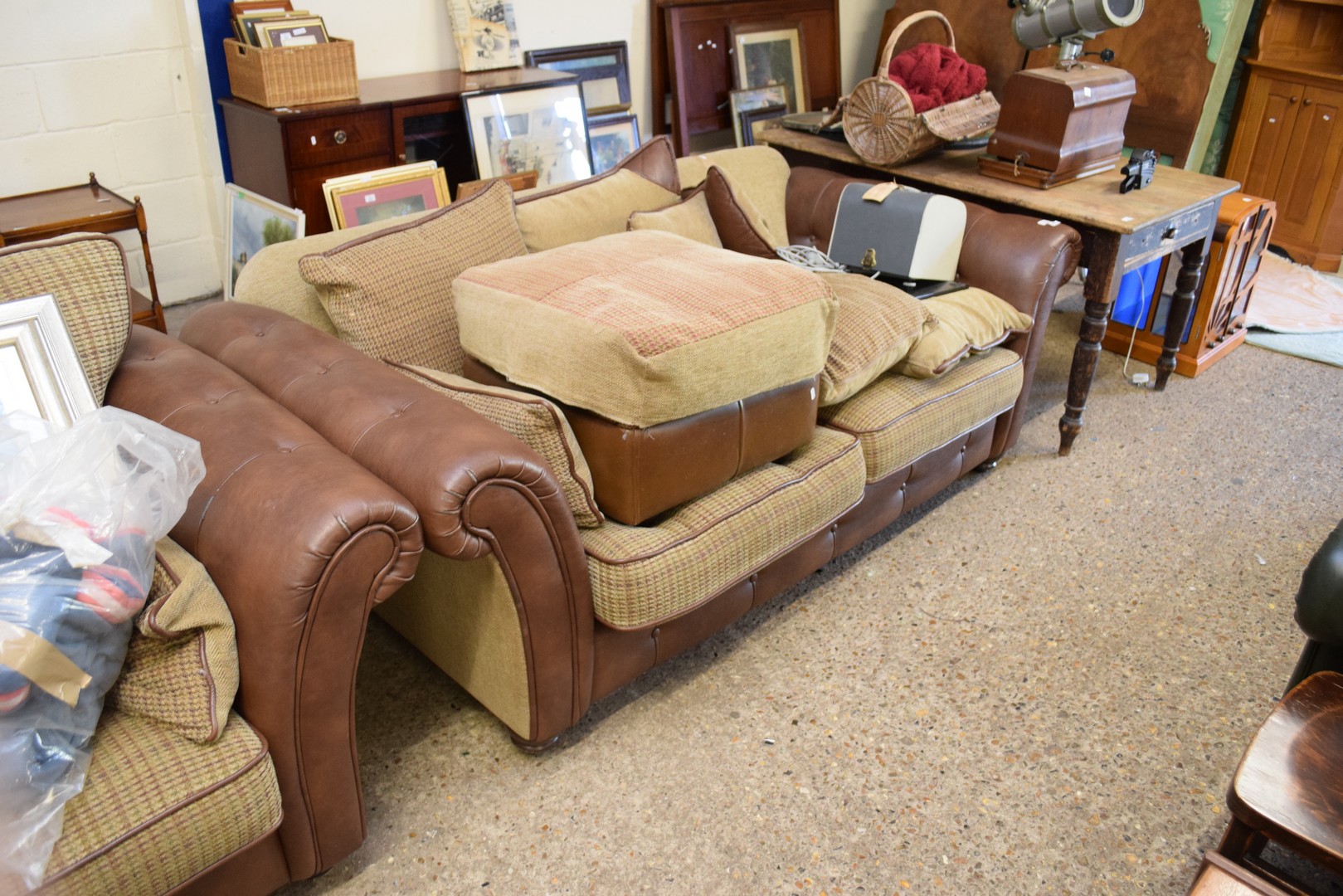 PAIR OF MODERN BROWN LEATHER AND FABRIC COVERED THREE SEATER SOFAS AND ACCOMPANYING FOOT STOOL - Image 3 of 3