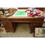 REPRODUCTION MAHOGANY TWIN PEDESTAL OFFICE DESK WITH GREEN LEATHER TOP, 151CM WIDE