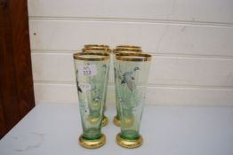 SET OF SIX RETRO MID-CENTURY STEM GLASSES DECORATED WITH DUCKS AND GILT DETAIL