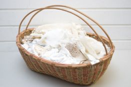 BASKET CONTAINING VARIOUS LACE DOILIES, TABLE CLOTHS ETC