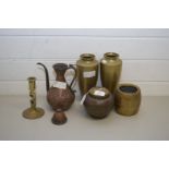 MIXED LOT COMPRISING PAIR OF BRASS VASES, BRASS TWIST CANDLESTICK, BRASS TOBACCO JAR, COPPER