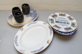 MIXED LOT COMPRISING THREE HOLKHAM POTTERY MUGS, TWO OVAL MEAT PLATES AND A RANGE OF DECORATED