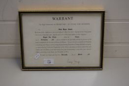 FRAMED SECRETARY OF STATE FOR DEFENCE DISCHARGE CERTIFICATE FROM THE ROYAL AIR FORCE DATED