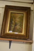 19TH/EARLY 20TH CENTURY BRITISH SCHOOL, STUDY OF A RIVER LANDSCAPE, OIL ON CANVAS, GILT FRAMED, 50CM