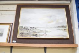 RENNIE, SUFFOLK LANDSCAPE NEAR WALBERSWICK, OIL ON BOARD, IN A FABRIC FINISHED FRAME, 77CM WIDE