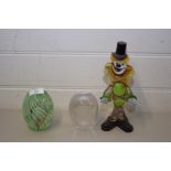 MURANO GLASS CLOWN TOGETHER WITH A PAPERWEIGHT FORMED AS AN OWL AND ANOTHER PAPERWEIGHT WITH SWIRLED