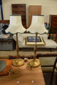 PAIR OF GILT FINISHED TABLE LAMPS WITH SHADES, 68CM HIGH