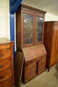 EARLY 20TH CENTURY OAK BUREAU BOOKCASE CABINET WITH LEAD GLAZED TOP SECTION, 220CM HIGH