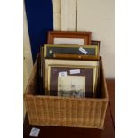 BASKET CONTAINING VARIOUS MIXED PICTURES TO INCLUDE LOWRY PRINTS, SMALL OIL ON BOARD STUDY OF A