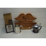 HARLEY DAVIDSON MOTORCYCLES CARVED WOODEN WALL PLAQUE TOGETHER WITH A HARLEY DAVIDSON MUG AND A