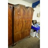 20TH CENTURY MAHOGANY VENEERED DOUBLE DOOR WARDROBE WITH APPLIED CARVED DETAIL, 192CM HIGH