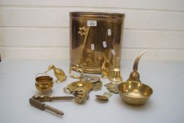 WASTE PAPER BIN AND VARIOUS HORSE BRASSES, BRASS ORNAMENTS, BRASS BELLS ETC