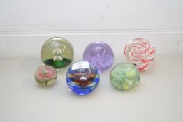 SIX MIXED COLOURED PAPERWEIGHTS TO INCLUDE LANGHAM GLASS