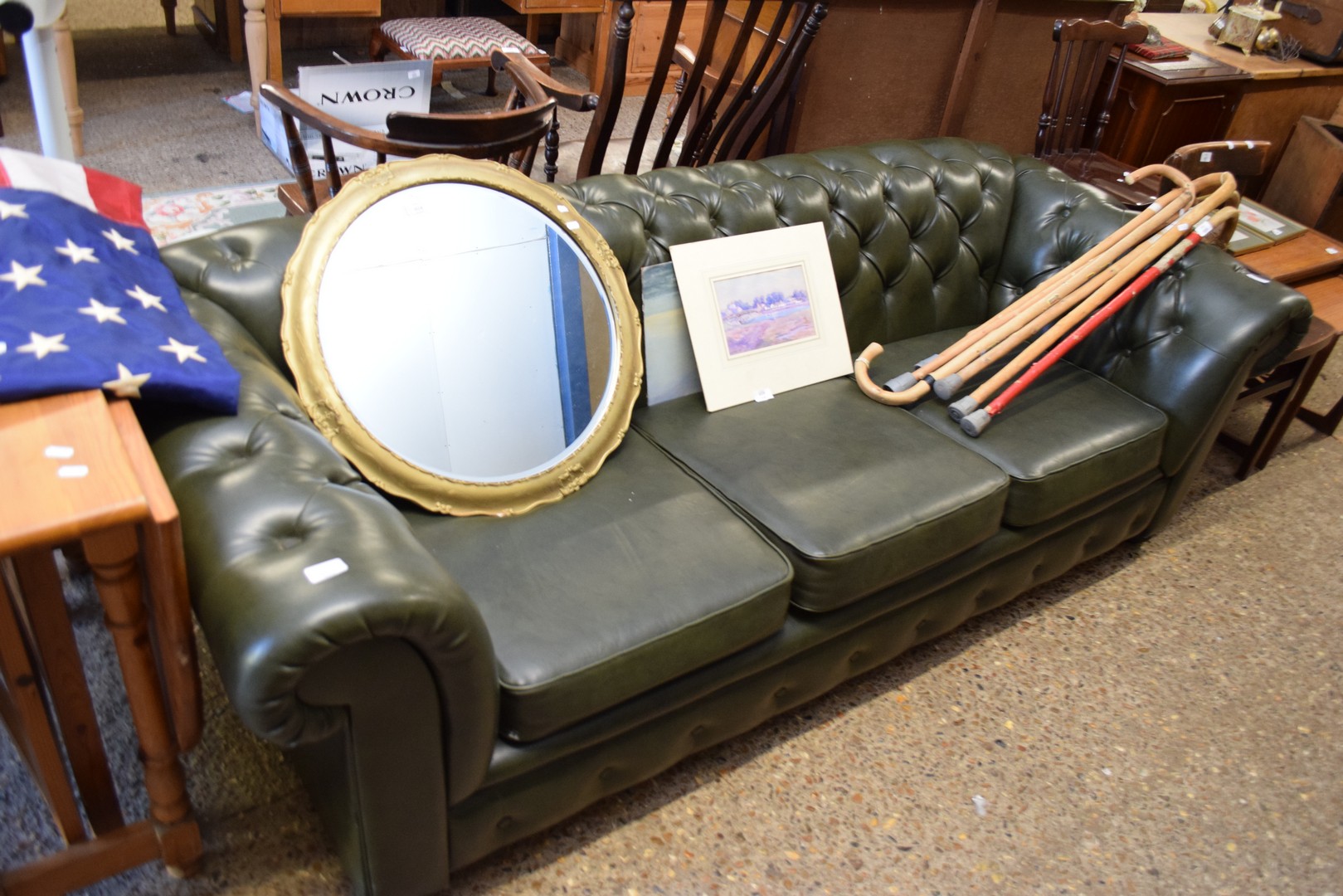 GREEN LEATHER THREE-SEATER CHESTERFIELD SOFA, 215CM WIDE