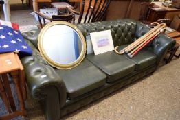 GREEN LEATHER THREE-SEATER CHESTERFIELD SOFA, 215CM WIDE