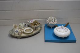 MIXED LOT OF ITEMS TO INCLUDE SMALL PORCELAIN SHOES, FLORAL DECORATED VASES, PORCELAIN FLOWERS,