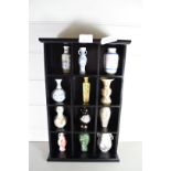 WALL CABINET CONTAINING A COLLECTION OF 12 REPRODUCTION MINIATURE ORIENTAL VASES