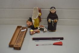 DECANTER FORMED AS A MONK, ANOTHER FORMED AS A CLOWN, TOGETHER WITH TWO VINTAGE THERMOMETERS