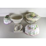 FOUR MIXED JELLY MOULDS AND A BOXED WEDGWOOD PIN DISH AND A ROYAL DOULTON VEGETABLE DISH AND AN