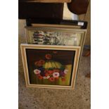 MIXED LOT COMPRISING A TAPESTRY AFTER LOWRY, OIL ON BOARD STUDY OF ANEMONES AND A FURTHER PRINT (3)