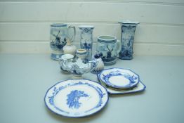 MIXED LOT OF VARIOUS MODERN DELFT VASES AND TANKARDS, SMALL QTY ROYAL DOULTON NORFOLK PATTERN