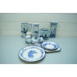MIXED LOT OF VARIOUS MODERN DELFT VASES AND TANKARDS, SMALL QTY ROYAL DOULTON NORFOLK PATTERN