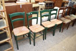 SET OF FOUR GREEN PAINTED AND RUSH SEATED CHAIRS