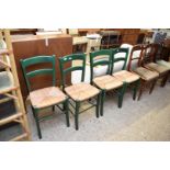 SET OF FOUR GREEN PAINTED AND RUSH SEATED CHAIRS