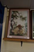 ORIENTAL WATERCOLOUR, FIGURES BY A PAGODA, F/G, INDISTINCTLY SIGNED, 64CM HIGH