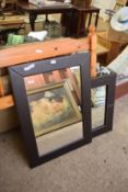 TWO MODERN WALL MIRRORS IN BROWN LEATHER EFFECT FRAMES, LARGEST 94CM HIGH (2)