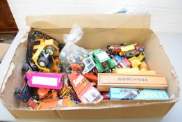 BOX VARIOUS TOY VEHICLES TO INCLUDE MATCHBOX, TONKA, AND OTHERS PLUS CASES OF DOMINOES AND A BAG