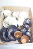 QTY OF CHINESE BLACK LACQUER FINISH TEA CUPS AND SAUCERS AND A QTY OF CROWN DUCAL COFFEE CUPS AND