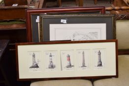 MIXED LOT COMPRISING A FRAMED GROUP OF CARDS DEPICTING FRENCH LIGHTHOUSES, TWO BLACK AND WHITE