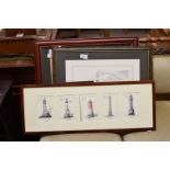 MIXED LOT COMPRISING A FRAMED GROUP OF CARDS DEPICTING FRENCH LIGHTHOUSES, TWO BLACK AND WHITE