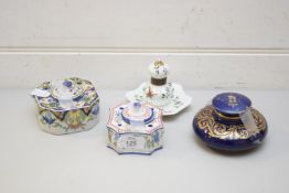 MIXED LOT FOUR ASSORTED INKWELLS COMPRISING TWO FRENCH FAIENCE EXAMPLES PLUS A FURTHER FLORAL