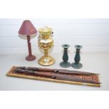 MIXED LOT COMPRISING AN OIL LAMP, PAIR OF CANDLESTICKS, PAIR OF MODERN ETHNIC SPEARS AND A FRAMED