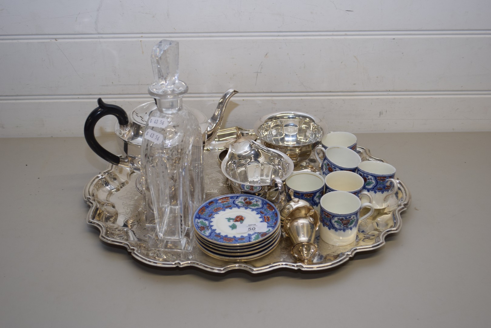 SILVER PLATED TRAY CONTAINING SILVER PLATED TEA SET, CRUET, QTY OF AYNSLEY COFFEE CANS AND SAUCERS