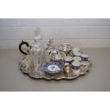 SILVER PLATED TRAY CONTAINING SILVER PLATED TEA SET, CRUET, QTY OF AYNSLEY COFFEE CANS AND SAUCERS