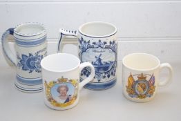 TWO MODERN DELFT TANKARDS AND TWO ROYALTY MUGS